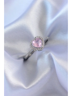 MuI MuI Silberfarbener Ring mit rosa Zirkonia-Herzanhänger aus Messing für Damen