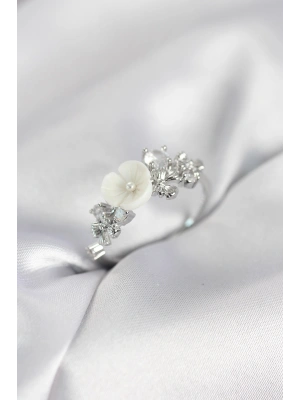 MuI MuI Damenring aus silberfarbenem Messing, Blumenmuster und Zirkonia-Steinen