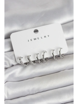 MuI MuI Gümüş Renk Pirinç Kemik Model 3 Çift Kadın Küpe Seti