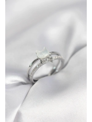 MuI MuI Silberfarbener Perlmutt-Katzenring mit Schleife und Zirkonia-Stein