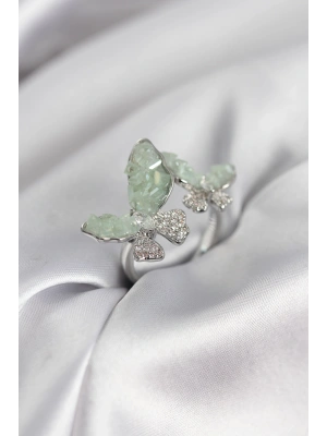 MuI MuI Silberfarbener Damenring in Aquagrün mit Schmetterlingsmotiv und Zirkonia-Steinen