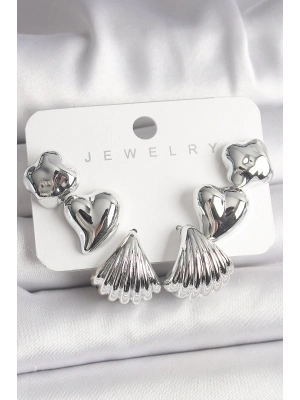 MuI MuI Gümüş Renk Yonca Kalp Deniz Kabuğu Figür CCB Kadın Küpe Seti