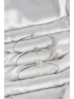 MuI MuI Gümüş Renk Zirkon Taşlı Kutup Yıldızı Model 3lü Kadın Bileklik Kombini