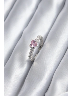 MuI MuI Gümüş Renk Zirkon Taşlı Pembe Kristal Kalp Model Kadın Yüzük