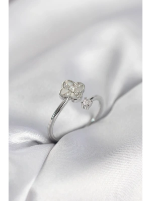 MuI MuI Silberfarbener Damenring mit Zirkonia-Stein und Kleeblatt-Motiv