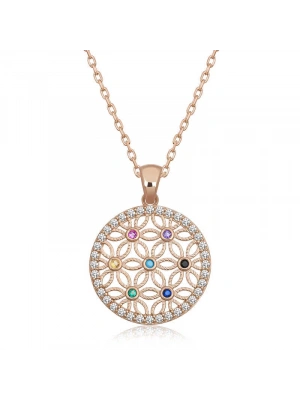 MuI MuI Gümüş Rose Renkli Taşlı Yaşam Çiçeği Kadın Kolye