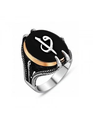 MuI MuI Gümüş Siyah Taşlı Kartal Pençesi Elif Vav Erkek Yüzük