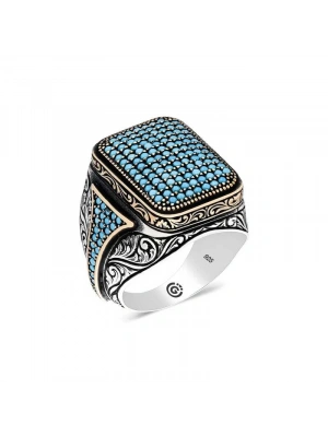 MuI MuI Gümüş Turkuaz Zirkon Taşlı Kare Erkek Yüzük