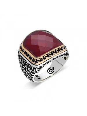 MuI MuI Gümüş Yakut Renk Kırmızı Taşlı Erkek Yüzük