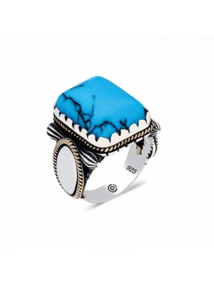 MuI MuI Gümüş Zirkon Sade Turkuaz Taşlı Kare Erkek Yüzük