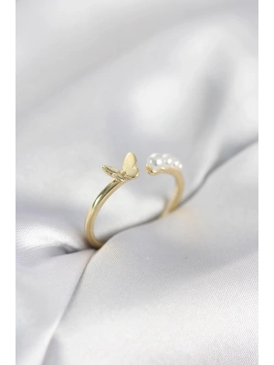 MuI MuI Perlen-Schmetterlingsmodell Goldfarbener Messing-Damenring