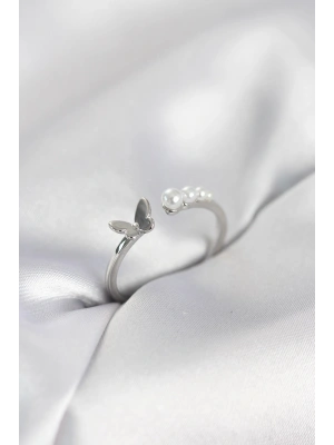 MuI MuI Perlen-Schmetterlingsmodell Silberfarbener Messing-Damenring