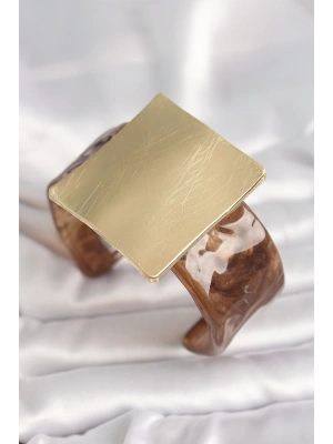 MuI MuI Kahverengi Mermer Desen Akrilik Plastik Gold Kare Plaka Model Vintage Kadın Bilezik