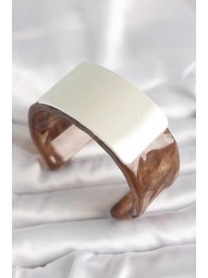 MuI MuI Kahverengi Mermer Desen Akrilik Plastik Gümüş Dikdörtgen Plaka Vintage Kadın Bilezik