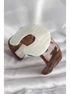 MuI MuI Kahverengi Mermer Desen Akrilik Plastik Gümüş Plaka Model Vintage Kadın Bilezik