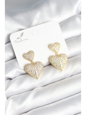 MuI MuI Kalp Model Zirkon Taşlı Gold Renk Pirinç Kadın Küpe