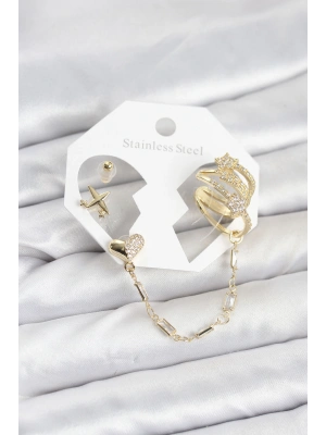 MuI MuI Kalp Yıldız Model Pirinç Gold Renk Zincir Bağlantılı Ear Cuff Küpe Seti
