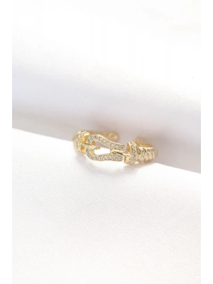 MuI MuI Kemer Tokası Tasarımlı Gold Renk Zirkon Taşlı Ayarlanabilir Yüzük