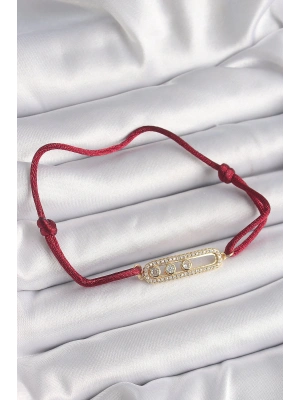 MuI MuI Kırmızı İpli Asansörlü Zirkon Taşlı Gold Messika Model Kadın Bileklik