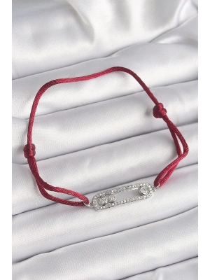 MuI MuI Kırmızı İpli Asansörlü Zirkon Taşlı Gümüş Messika Model Kadın Bileklik