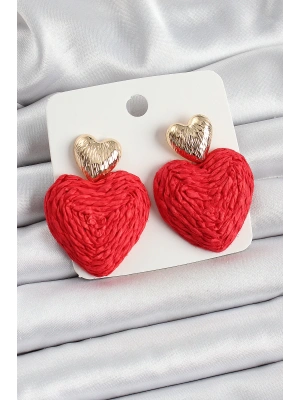 MuI MuI Kırmızı Kalp Figürlü Hasır Örgü Model Gold Renk Kadın Küpe