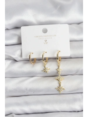 MuI MuI Kutup Yıldızı Model Gold Renk Pirinç 3lü Kadın Küpe Seti