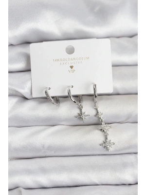 MuI MuI Kutup Yıldızı Model Gümüş Renk Pirinç 3lü Kadın Küpe Seti