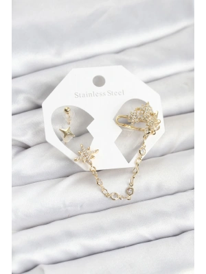 MuI MuI Kutup Yıldızı Model Pirinç Gold Renk Zincir Bağlantılı Ear Cuff Küpe Seti