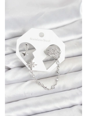 MuI MuI Kutup Yıldızı Model Pirinç Gümüş Renk Zincir Bağlantılı Ear Cuff Küpe Seti