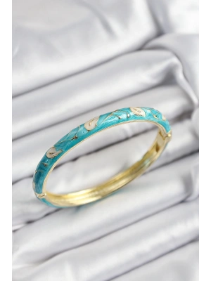 MuI MuI Mineli Pirinç Krem Ve Turkuaz Yaprak Motifli Gold Renk Kadın Kelepçe