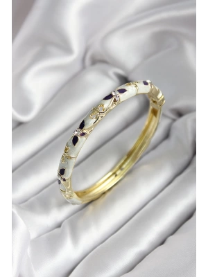 MuI MuI Mineli Pirinç Siyah Çiçek Desenli Zirkon Taşlı Gold Renk Kadın Kelepçe (çap 60 mm)