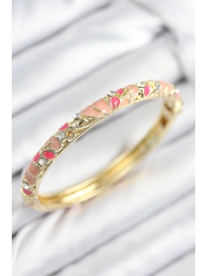 MuI MuI Mineli Pirinç Zirkon Taşlı Pembe Çiçek Motifli Gold Kadın Kelepçe