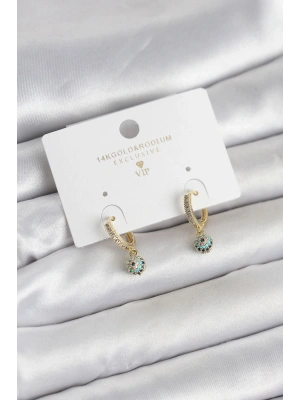 MuI MuI Minimal Nazarlı Model Gold Renk Zirkon Taşlı Kadın Küpe