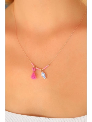 MuI MuI Nazar Boncuklu Pembe Renk Taşlı Rose Bayan Kolye