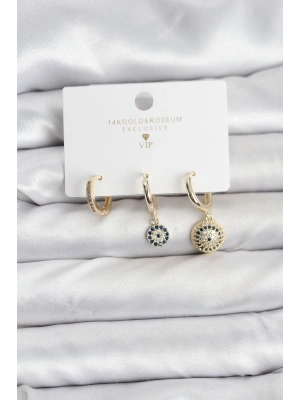 MuI MuI Nazar Model Gold Renk Pirinç 3lü Kadın Küpe Seti