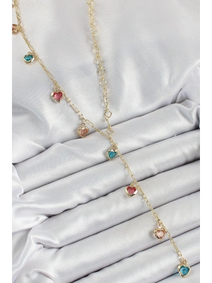 MuI MuI Pirinç Asorti Kalp Model Gold Renk Zirkon Taşlı Y Kolye