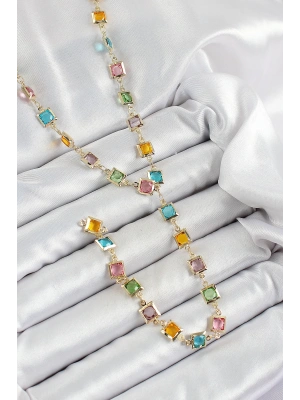 MuI MuI Pirinç Asorti Kare Model Gold Renk Zirkon Taşlı Y Kolye