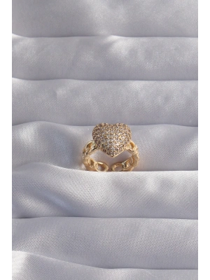 MuI MuI Pirinç Ayarlamalı Gold Renk Zirkon Taşlı Bombeli Kalp Yüzük