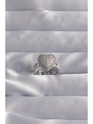 MuI MuI Pirinç Ayarlamalı Gümüş Renk Zirkon Taşlı Bombeli Kalp Yüzük