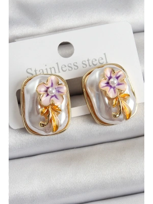 MuI MuI Pirinç Beyaz Mineli İnci Detaylı Çiçek Figürlü Sanatsal Portre Model Gold Renk Kadın Küpe