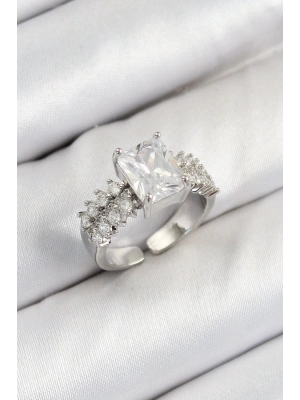 MuI MuI Pirinç  Büyük Zirkon Taşlı Model Gümüş Renk Kadın Yüzük