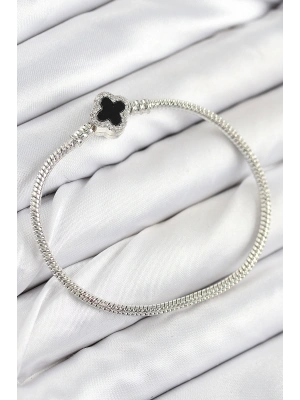 MuI MuI Pirinç Charm Zirkon Taşlı Yonca Model Gümüş Renk Kadın Bileklik