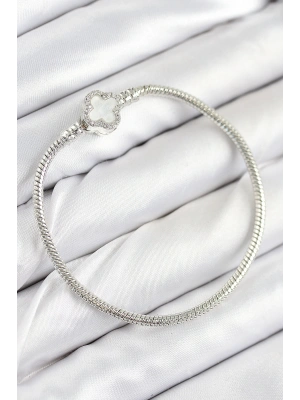 MuI MuI Pirinç Charm Zirkon Taşlı Yonca Model Gümüş Renk Kadın Bileklik