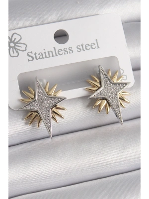 MuI MuI Pirinç Gold Gümüş Renk Zirkon Taşlı Kutup Yılıdız Model Kadın Küpe