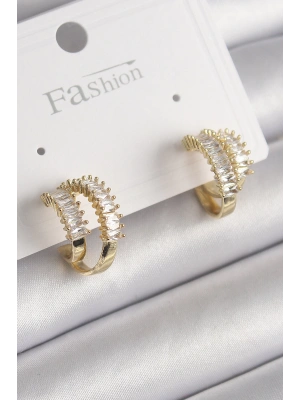 MuI MuI Pirinç Gold Renk 2Li Zirkon Taşlı Halka Model Kadın Küpe