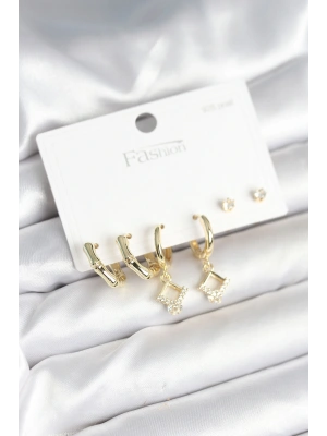 MuI MuI Pirinç Gold Renk 925 Ayar Gümüş Çivili Kadın Küpe Seti