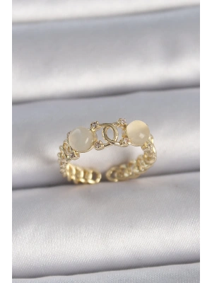 MuI MuI Pirinç Gold Renk Ayarlanabilir Zirkon Taşlı Beyaz Mineli Birleşik Halka Model Kadın Yüzük