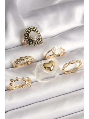 MuI MuI Pirinç Gold Renk Beyaz Gül Figür Kalp İşlemeli Sarmal Detay 6Lı Kadın Yüzük Seti