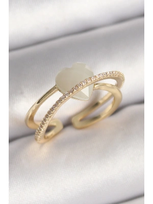 MuI MuI Pirinç Gold Renk Beyaz Kristal Kalp Model Zirkon Taş Detay Kadın Yüzük