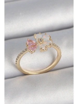 MuI MuI Pirinç Gold Renk Beyaz Mineli Pembe Zirkon Taşlı Çiçek Model Kadın Yüzük